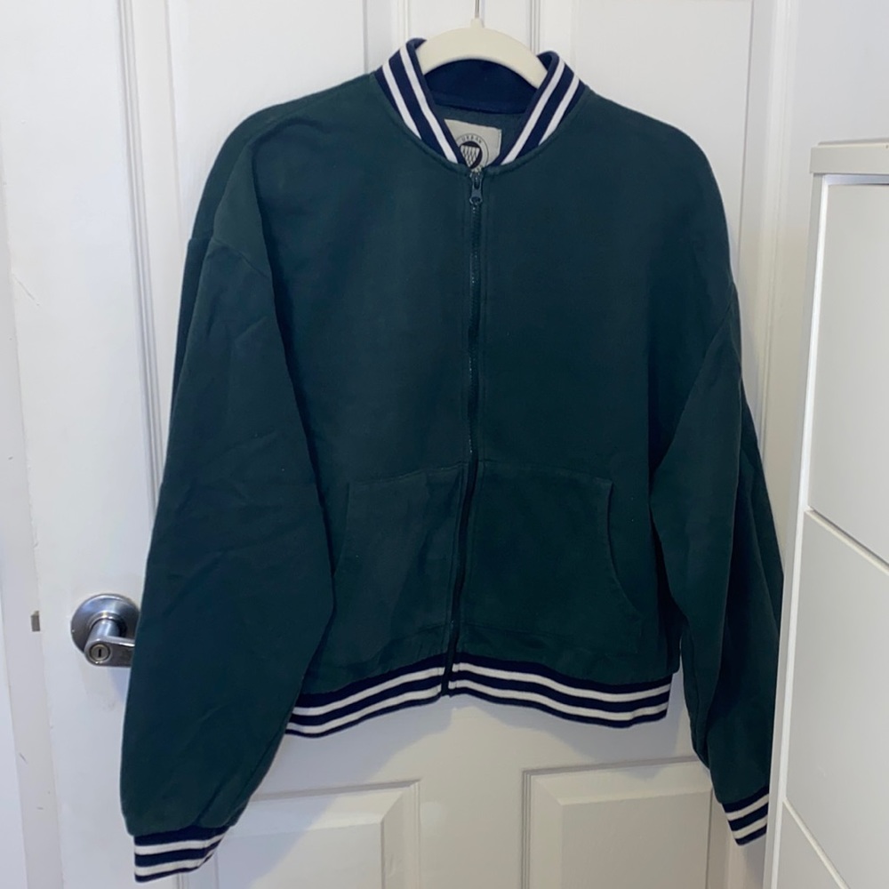Urban Outfitters - green bomber jacket and navy and white striped detailing